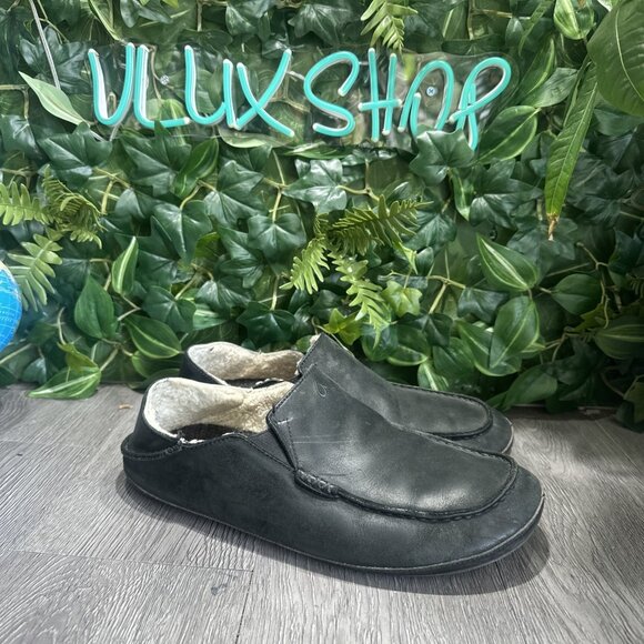 Olukai Moloa Black Leather Wool Lined Slippers Loafers Shoes Men’s Size 11 main image 5